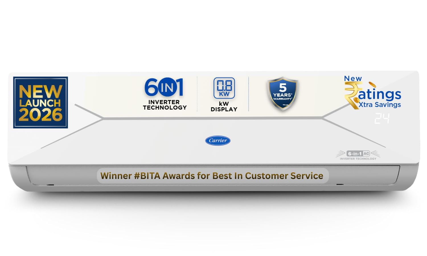 Carrier 1.5 Ton 5 Star, New Star rated, Flexicool Inverter Split AC (Copper, Convertible 6-in-1 with Smart Energy Display